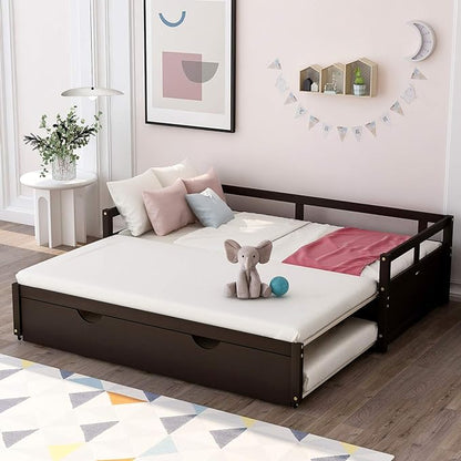 Merax Wooden Daybed Extendable Bed, Twin to King Daybed Frame for Bedroom Living Room, No Box Spring Needed - LeafyLoom