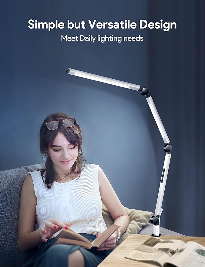 MediAcous LED Desk Lamp with Clamp, Dual Light Desk Lamp with Swing Arm, Dimmable 4 Color Modes & 4 Brightness Table Lamp, Eye-Caring Clip-on Lamp with Memory Function for Home Office, White - LeafyLoom