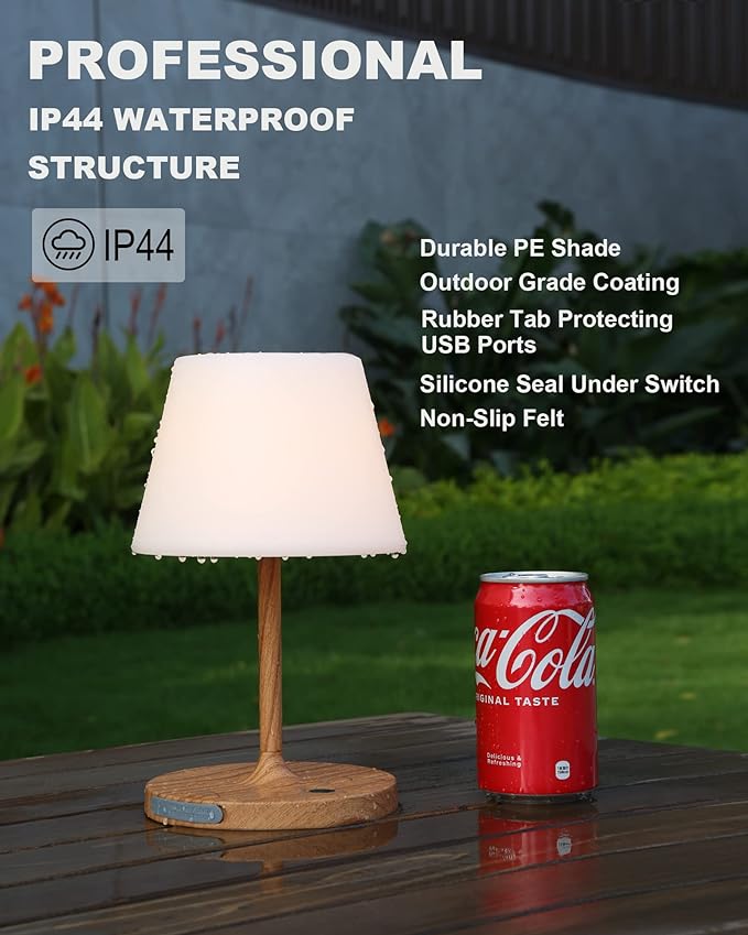 Outdoor Battery Operated Table Lamp Waterproof, 4000mAh Cordless Rechargeable, Touch Dimmable Desk Lamp, LED Night Light for Patio Camping Restaurant Home, H9.6in, Wood Grain - LeafyLoom