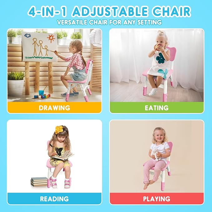 Kids Chair Height Adjustable Toddler Chair Max Load 220LBS Plastic Indoor Outdoor Chair for Children Age 1-6 School Home Daycare Use Pink - LeafyLoom