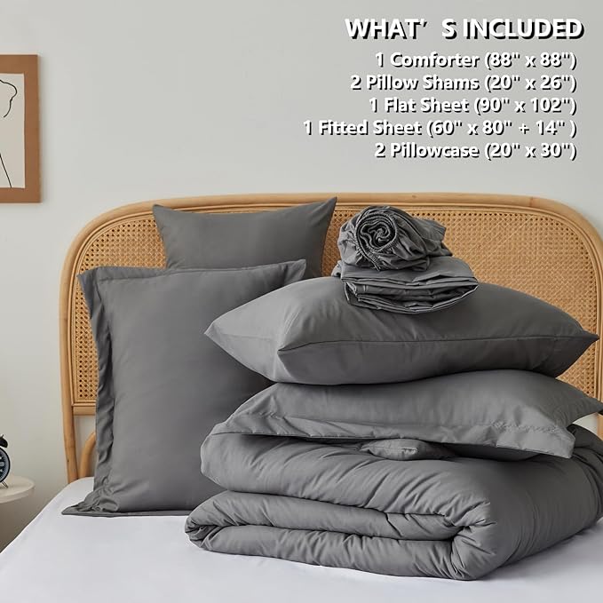 King bed in a bag 7 pieces bedding comforter set with Comforter and Sheets Grey King bed set with sheets,Pillow Shams, Flat Sheet, Fitted Sheet and Pillowcases - LeafyLoom