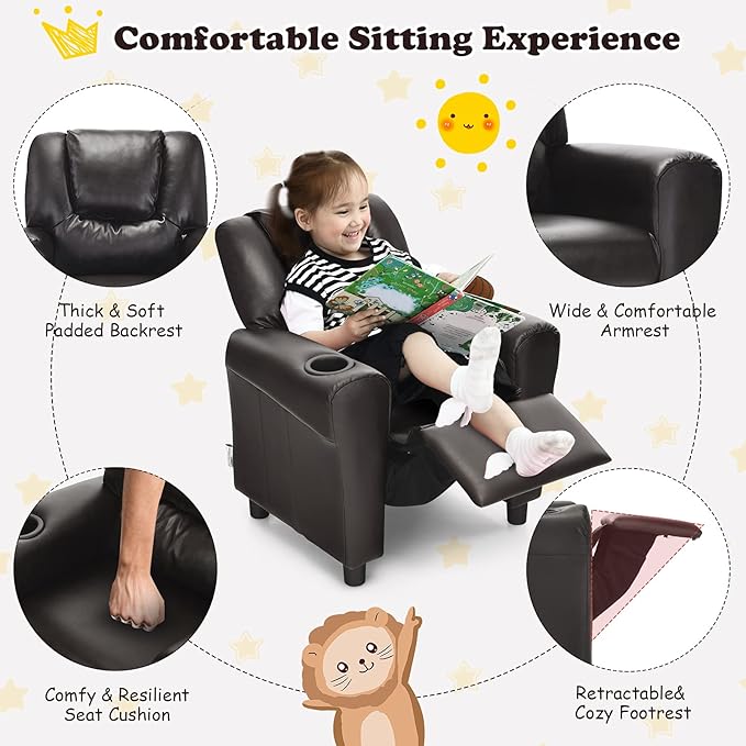 ARLIME Kids Recliner chair, toddler Armchair Upholstered Couch with Cup Holder, Backrest, baby Leather sofa with Headrest and Footrest, Child Furniture for Ages 2-7 - LeafyLoom