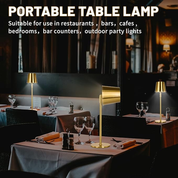 Cordless Table Lamp,Portable LED Desk Lamp, Battery Operated, 3 Color Stepless Dimming Up, for Restaurant/Bedroom/Bars/Outdoor Party/Camping/Coffee Shop Night Light。 (Gold) - LeafyLoom