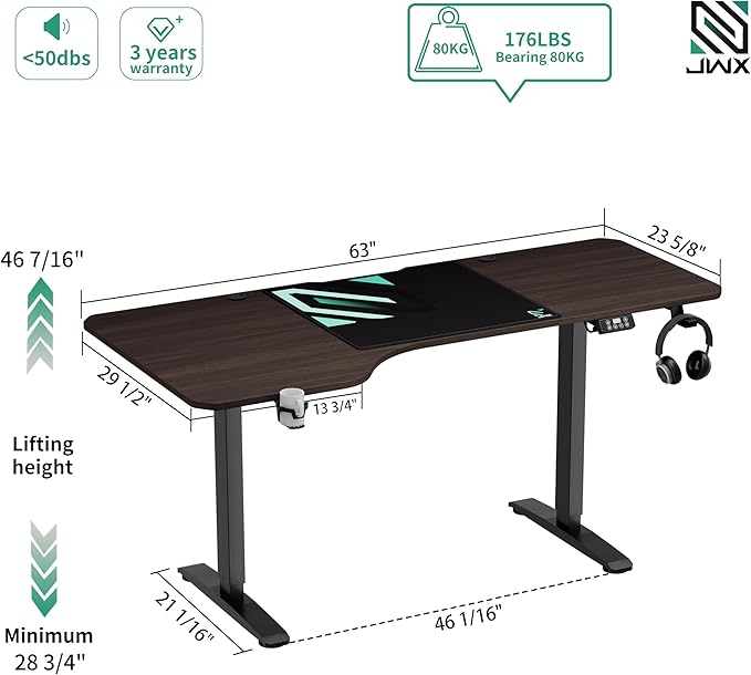 Standing Desk, L Shaped Adjustable Standing Desk, 63'' Corner Height Adjustable desk with Cup Holder, Headphone Hook, Cable Manager, and Mouse pad, Brown Panel - LeafyLoom