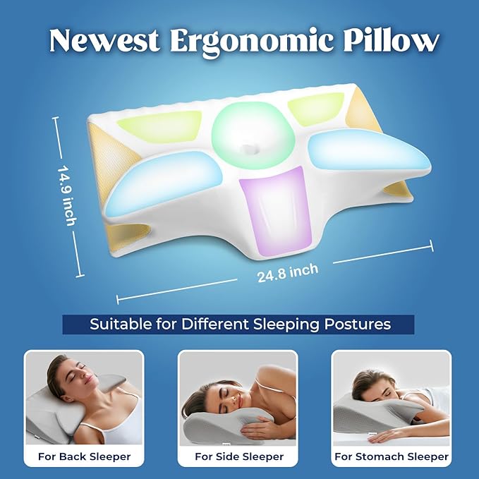 Cervical Pillow for Neck Pain Relief, Cooling Contour Memory Foam Pillows Support Odorless Ergonomic Neck Pillow Adjustable Orthopedic Bed Pillow for Side Back Stomach Sleeper with Pillowcase - LeafyLoom