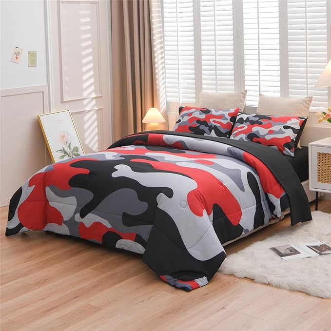 Meeting Story Camouflage Bedding Set, Colorful Pattern Style Comforter Set, 5 PCS One Comforter Two Pillowcases Two Sheets in One Bag, All Season Bedspread for Kids Teens Adults (Black, Twin 5Pcs) - LeafyLoom