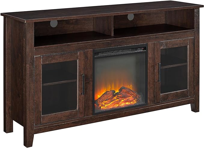 Walker Edison Glenwood Rustic Farmhouse Glass Door Highboy Fireplace TV Stand for TVs up to 65 Inches, 58 Inch, Brown - LeafyLoom