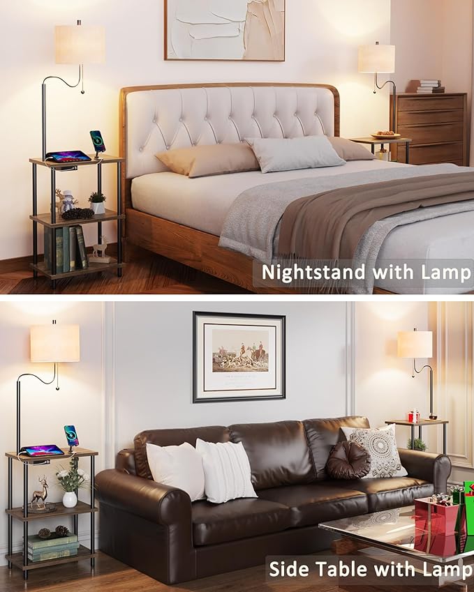 Floor Lamp End Table with Charging Station, Retro Bedside Table with Lamp for Living Room, Small Side Table Nightstand for Bedroom, Floor Lamp with USB Ports Type-C(Bulb Included) - LeafyLoom