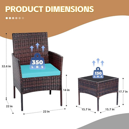 Patio Furniture Set 3 Pieces All-Weather Rattan Outdoor Furniture Patio Chairs with Tempered Glass Table for Porch Bistro Balcony Bistro Set(Brown/Blue) - LeafyLoom