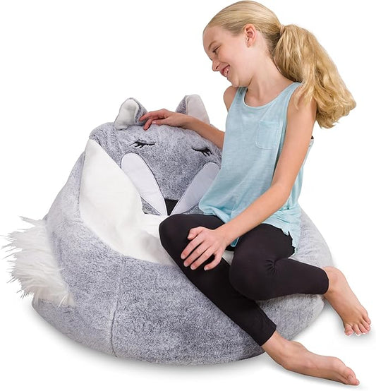 Posh Creations Cute Soft and Comfy Bean Bag Chair for Kids, Large, Animal - Silver Fox - LeafyLoom