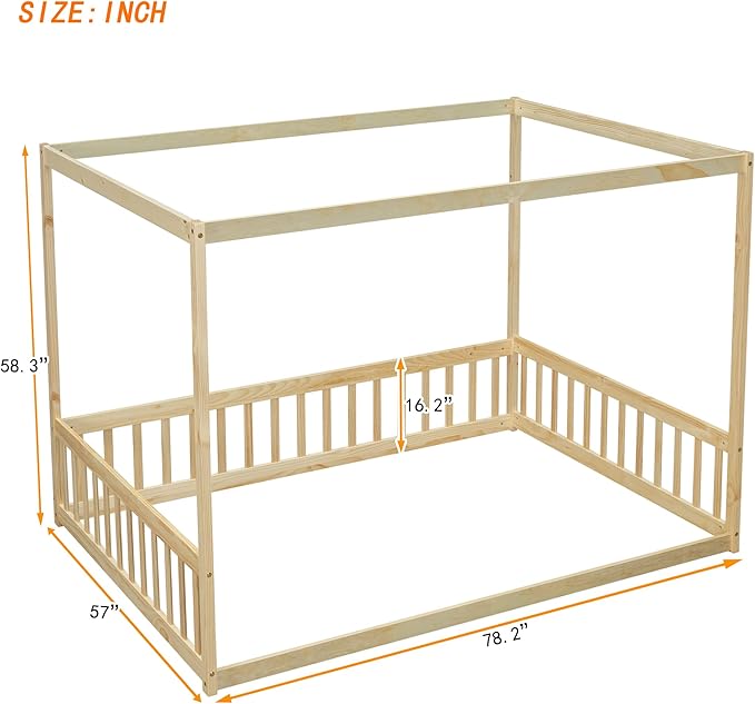 Full Size Canopy Bed Frame with Guardrails for Kids,Floor Bed Full with Four Poster Design,Kids Montessori Floor Bed,Wood Canopy Bed Frame for Girls,Boys(Full,Natural) - LeafyLoom