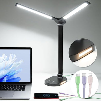 LED Desk Lamps for Home Office, 14W Double Swing Arm Desk Lamp with USB Charging Port, Eye-Caring Architect Task Lamp, Touch Control Desktop Lamp with Night Light Table Light for Work Study Craft - LeafyLoom