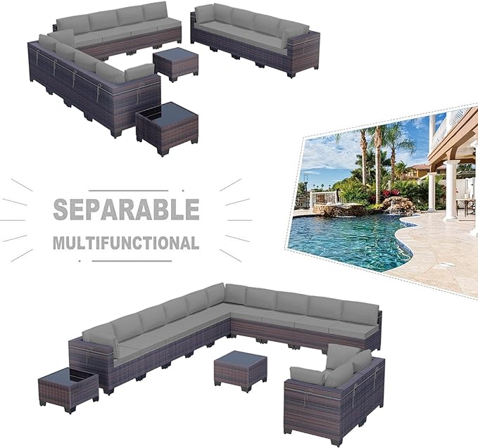 Kullavik 14PCS Outdoor Patio Furniture Set PE Wicker Rattan Sectional Sofa Patio Conversation Sets,Grey - LeafyLoom