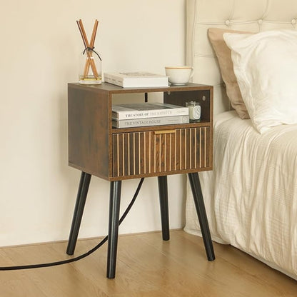 Mid Century Modern Nightstand with Charging Station, Wood Bedside Table with Drawer, Modern End Table for Bedroom and Small Spaces, Easy Assembly, Rustic Brown and Black - LeafyLoom