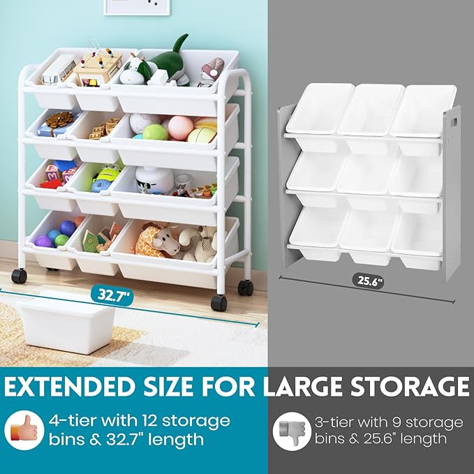 Kids Toy Storage Organizer with 12 Plastic Bins, 4-Tier Metal Toy Storage Rack, Metal Toy Organizer with Storage Bins for Kids Room, Playroom and Nursery, White - LeafyLoom