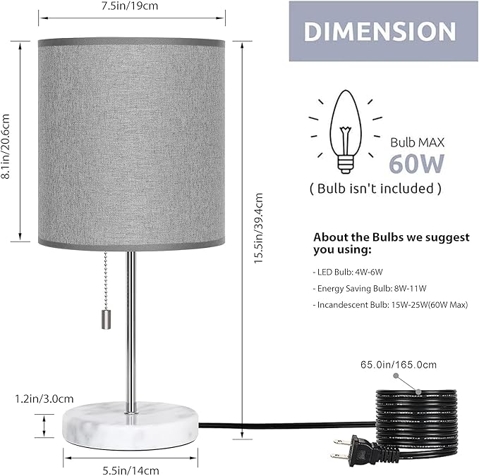 SEHERTIWY Bedside Lamps, Desk Lamps with Pull Chain, Nightstand Lamps with Marble Base and Silver Metal, Lamp for Bedroom, Living Room, Reading Room, Office-Grey - LeafyLoom