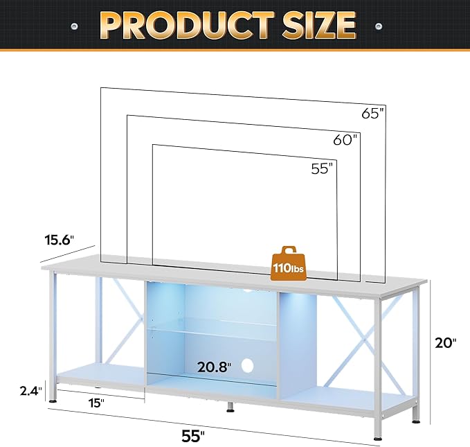 WLIVE TV Stand up to 65 Inch TV, 55" Entertainment Center with LED, Industrial TV Console with Glass Shelf for Living Room and Bedroom, White - LeafyLoom