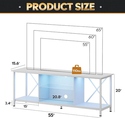 WLIVE TV Stand up to 65 Inch TV, 55" Entertainment Center with LED, Industrial TV Console with Glass Shelf for Living Room and Bedroom, White - LeafyLoom