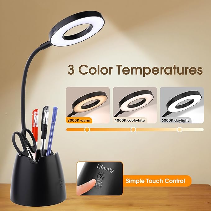 Desk Lamp, Desk Lamps for Home Office, Touchable, Remote Controlled, Dimmable, 3 Color Modes, Gooseneck, Black Table Light for Bedrooms, Led Desk Light, Small Office Lamp, Dorm Room Essentials - LeafyLoom