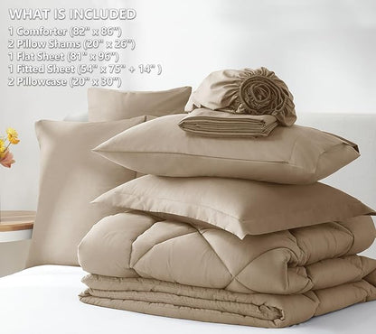 CozyLux Full Comforter Set with Sheets 7 Pieces Bed in a Bag Taupe All Season Bedding Sets with Comforter, Pillow Shams, Flat Sheet, Fitted Sheet and Pillowcases - LeafyLoom