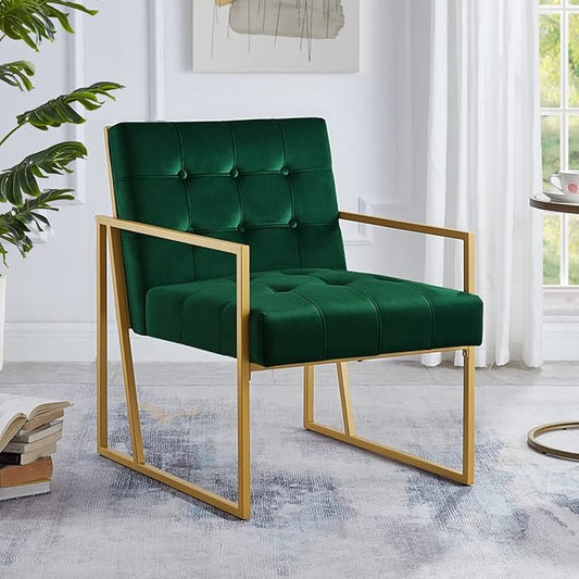 24KF Modern Jade Velvet Button Tufted Accent Chair with Golden Metal Stand, Decorative Furniture Chairs for Living Room Bedroom -Jade - LeafyLoom