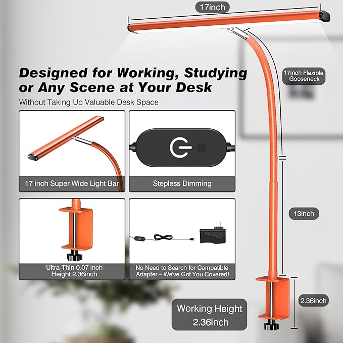 LED Desk Lamp for Office Home, Eye-Caring Desk Light with Stepless Dimming Adjustable Flexible Gooseneck, 10W USB Adapter Desk Lamp with Clamp for Reading, Study, Workbench (Red) - LeafyLoom