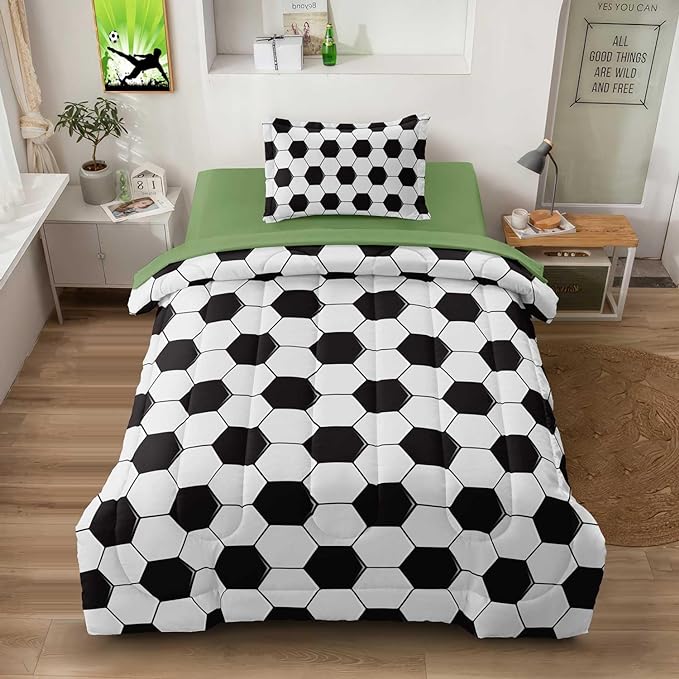 Soccer Comforter Set Twin for Boys Girls, 4 Pieces Soccer Bedding Twin Bed in a Bag Set with Sheets, Black and White Bed Sets for Teenage - LeafyLoom