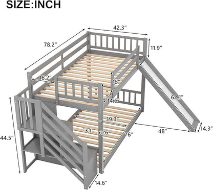 Twin Bunk Bed with Convertible Slide and Stairs, Wooden Low BunkBed Frame for Kids Teens Bedroom, Dorm, Gray - LeafyLoom