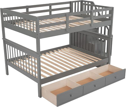 Full Over Full Bunk Bed with Stairs Storage and 3 Drawers, Wooden Stairway Bunkbeds, can be Divided into two Platform Bedframe, for Kids Teens Adults Bedroom, Gray - LeafyLoom