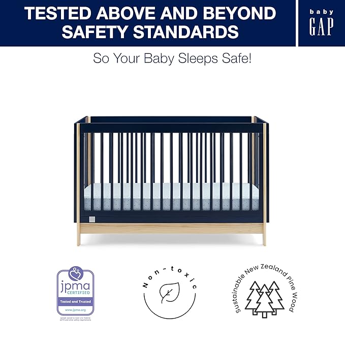 Delta Children babyGap Tate 4-in-1 Convertible Crib + Brannan Bear Bookcase with Bins + Brannan Bear Wall Shelf with 4 Hooks, Navy/Natural (Bundle) - LeafyLoom