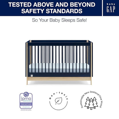 Delta Children babyGap Tate 4-in-1 Convertible Crib + Brannan Bear Bookcase with Bins + Brannan Bear Wall Shelf with 4 Hooks, Navy/Natural (Bundle) - LeafyLoom