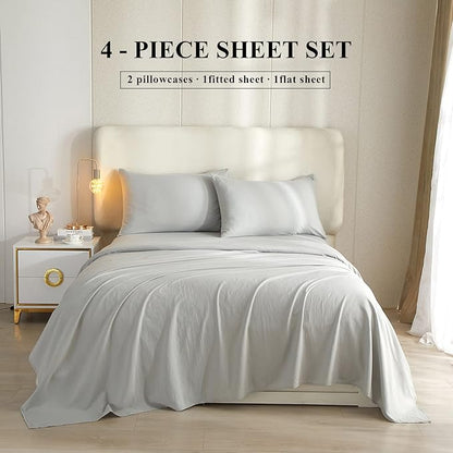 Light Grey Sheets for Queen Size Bed,4 Piece Cooling Sheets Queen Deep Pocket up to 16 Inch,Solid Bedding Sheets & Pillowcases Set,Wrinkle,Fade,Stain Resistant - 4 Piece (Queen,Light Grey) - LeafyLoom