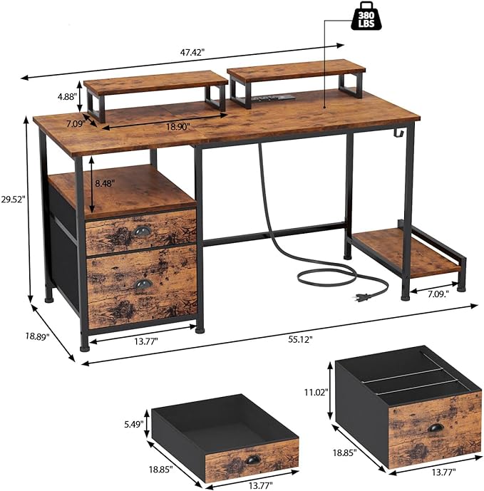 Furologee Computer Desk with Drawer and Power Outlets, 47" Office Desk with 2 Monitor Stands and Fabric File Cabinet, Writing Gaming Table with Shelves and 2 Hooks for Home Office, Rustic Brown - LeafyLoom