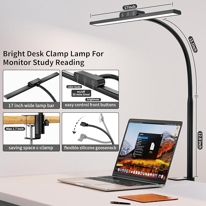 KableRika Desk Lamp,Led Desk Lamps with Clamp,Architect Desk Lights for Home Office Desktop Office Lamp 4-Brightness 4-Color Eye Care Overhead Table Lamp for Computer Monitor Study Reading - LeafyLoom