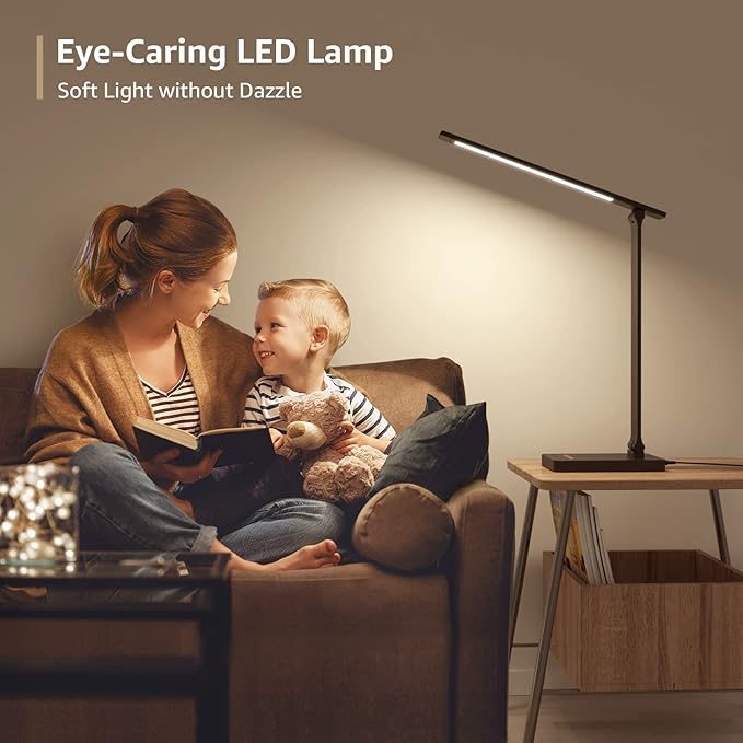 Lepro LED Desk Lamp with USB Charging Port Dimmable Home Office Touch Control Reading Table Lamp,3 Color Modes with 5 Brightness Level,College Dorm Room Essentials, Eye Caring, Sewing, Crafting, Black - LeafyLoom