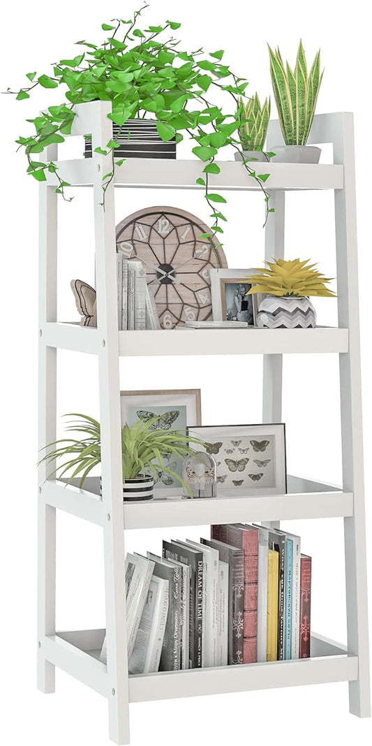 4 Tier Bamboo Bookshelf, Free Standing Ladder Shelf, Storage Shelf Rack for Bathroom, Kitchen, Living Room - White - LeafyLoom