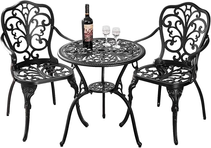 Bistro Table and Chairs Set of 2 with Umbrella Hole,Cast Aluminum Patio Bistro Sets 3 Piece,Outdoor Bistro Table Set,Patio Furniture Set for Front Porch Set,Garden(Butterfly Black) - LeafyLoom