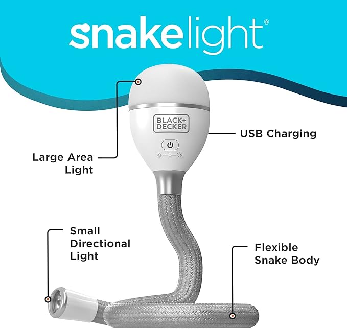 BLACK+DECKER Snake Light, Use for Book Light, Desk Light, and Work Light, 2 Settings, Flexible and Rechargeable (BDCFSL01) - LeafyLoom