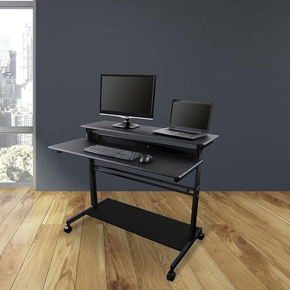 Stand Up Desk Store Rolling Adjustable Height Two Tier Standing Desk Computer Workstation (Black Frame/Black Top, 48" Wide) - LeafyLoom