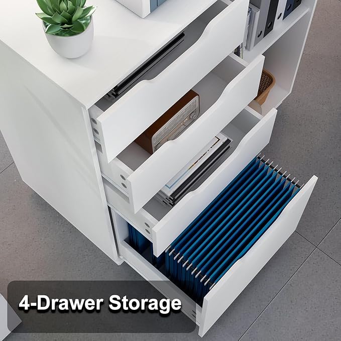 4 Drawers Lateral File Cabinets, Wood Filing Cabinet, Printer Stand with Open Storage Shelves for Home Office, 6 Compartments, White - LeafyLoom