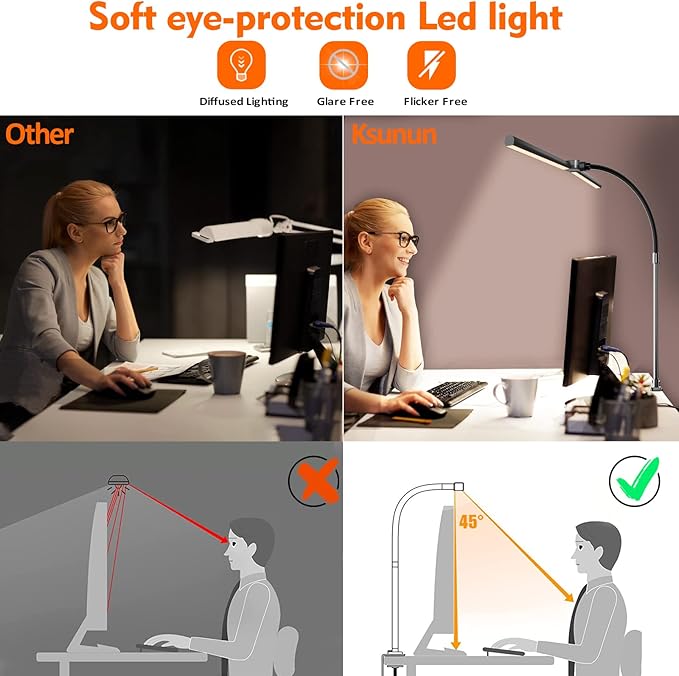 Double Head LED Desk Lamp, Architect Desk Lamps for Home Office, 24W Brightest Workbench Office Lighting-5 Color Modes and 5 Dimmable Eye Protection Modern Desk Lamp for Monitor Reading - LeafyLoom