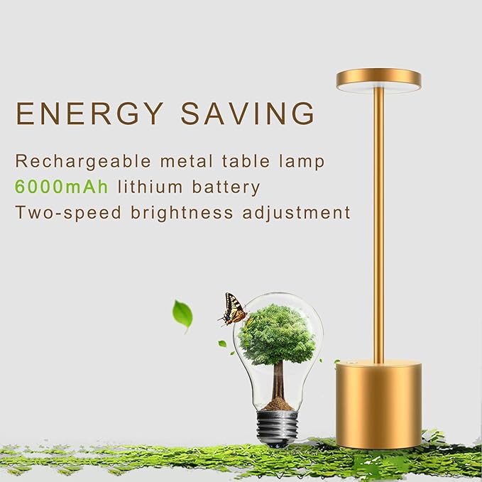 Cordless Table Lamp, Rechargeable LED Battery 6000mAh Metal USB Portable Powered Desk Lamp, 3 Levels Brightness Light for Restaurants Outdoor (13.25in Gold) - LeafyLoom