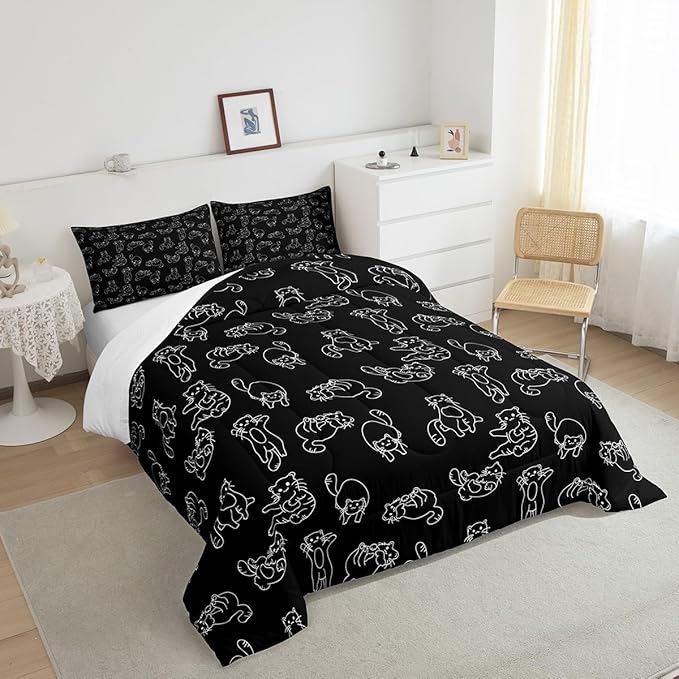 Cartoon Cat Bed Sheet Set Cute Pet Cats Kids Comforter Set Animal Pattern Printed Bedding Set Set for Boys Room Decor Kitten Print Bed Cover Full Size with 3 Pillow Case - LeafyLoom