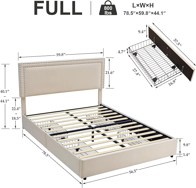 VECELO Full Size Upholstered Platform Bed Frame with 4 Storage Drawers, Adjustable Velvet Rivets Headboard, Wooden Slats Support, No Box Spring Needed, Easy Assembly - LeafyLoom