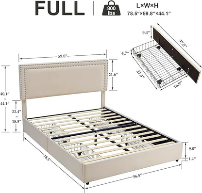 VECELO Full Size Upholstered Platform Bed Frame with 4 Storage Drawers, Adjustable Velvet Rivets Headboard, Wooden Slats Support, No Box Spring Needed, Easy Assembly - LeafyLoom