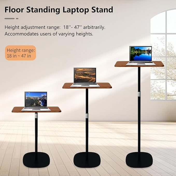 Portable Laptop Floor Stand, Bedside/Sofa Table with Height Adjustable 18''~47'', Stylish Movable Workstation Floor Standing Desk for Office, Meeting Room, living room Easy Assembly, Black - LeafyLoom