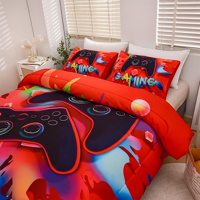 Aimuan Gaming Comforter Sets for Boys Kids Bedding Sets Video Games Console Action Buttons Novelty Colorful Game Gamepad Controller Modern Gamer Room Decor Home Quilt Set (Queen, Red) - LeafyLoom