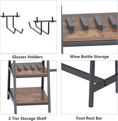 soges 3 Pieces Kitchen Dining Table Set for 4, Breakfast Table Set with 2 Benches, 4-Person Wooden Dinette with Wine Shelf and Glass Holder, Rustic Brown 10CZWKDS04TW140 - LeafyLoom