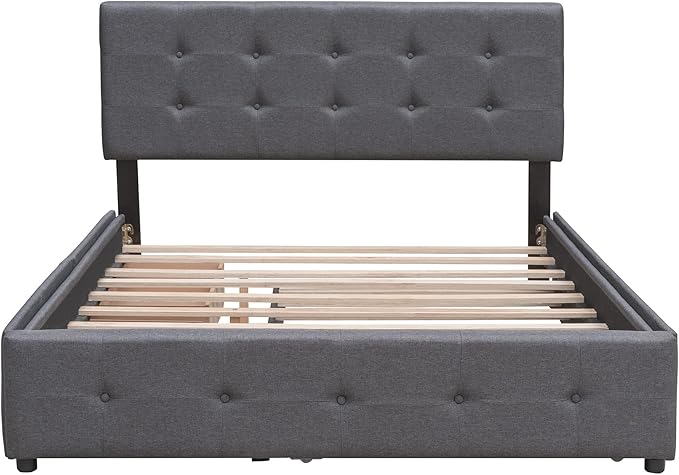 Queen Size Platform Bed, Queen Linen Fabric Upholstered Platform Bed Frame with 2 Storage Drawers and 1 Twin XL Trundle, Ideal Bedroom Furniture, No Box Spring Needed, Dark Gray - LeafyLoom