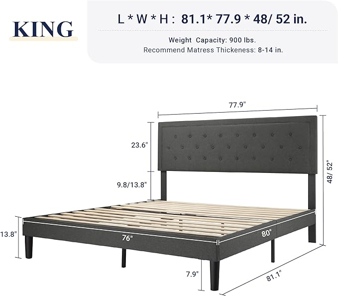 Allewie King Size Platform Bed Frame/Fabric Upholstered Bed Frame with Diamond Button Tufted Headboard/Adjustable Headboard/Wood Slat Support/Mattress Foundation/Dark Grey (King) - LeafyLoom